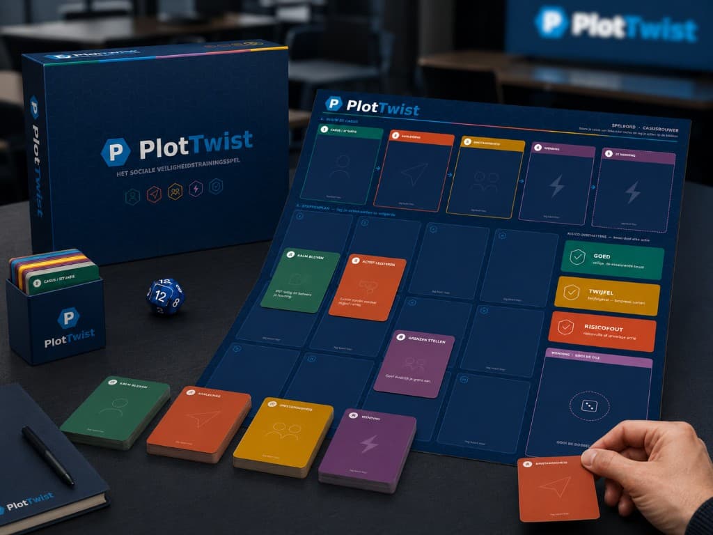 PlotTwist kaarten, dobbelsteen en spelbord van dichtbij