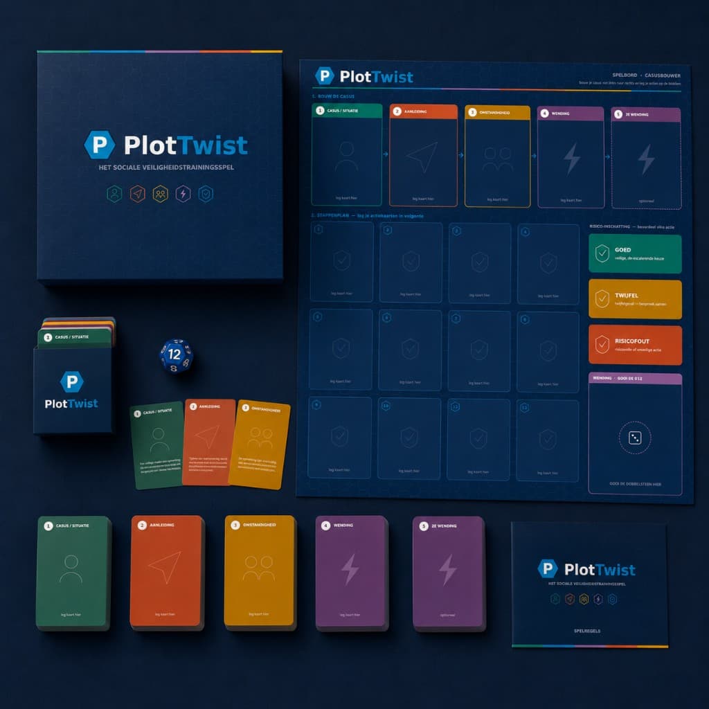 PlotTwist doos, speelbord, kaarten en dobbelsteen